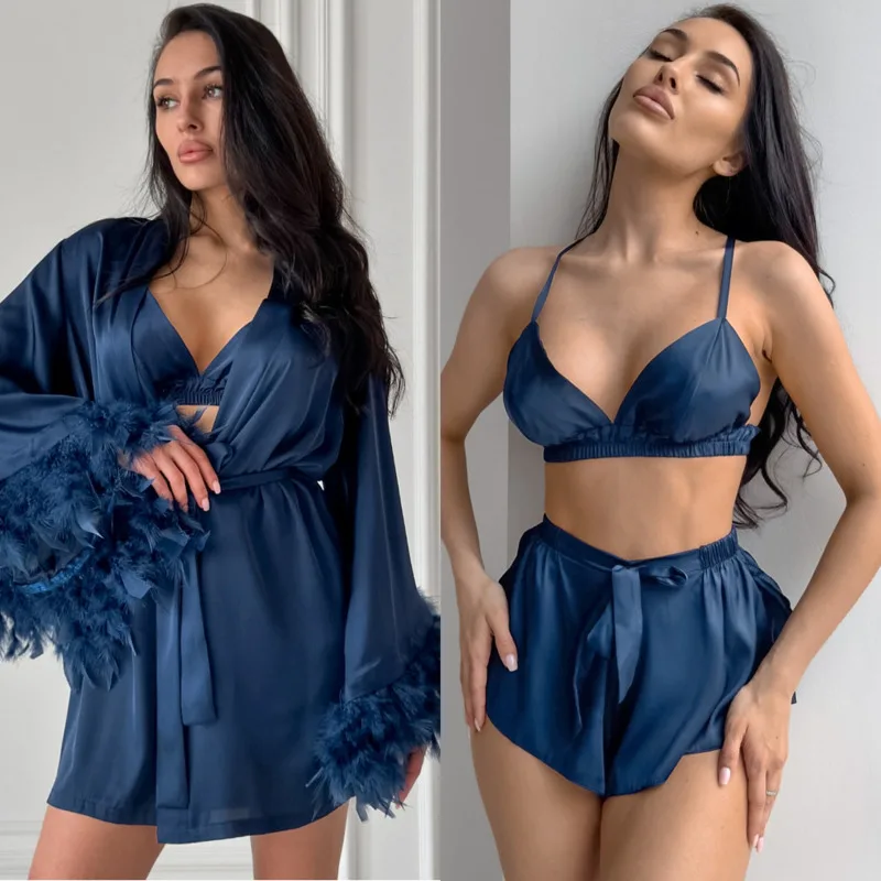 

2025 Feather Trim Pajama Set Sexy Satin Loungewear Three Piece Sleepwear With Shorts Robe And Bralette Soft Nightwear For Women