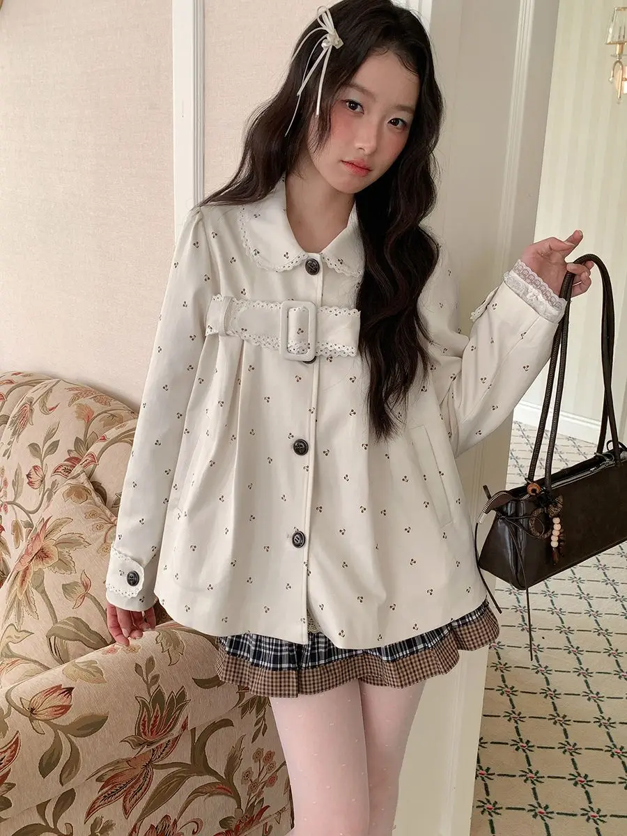 Mori Kei Blouse for Women Ivory Floral Print Peter Pan Collar Lace Trim Long Sleeve Buckle Detail Vintage Button Up Loose Top