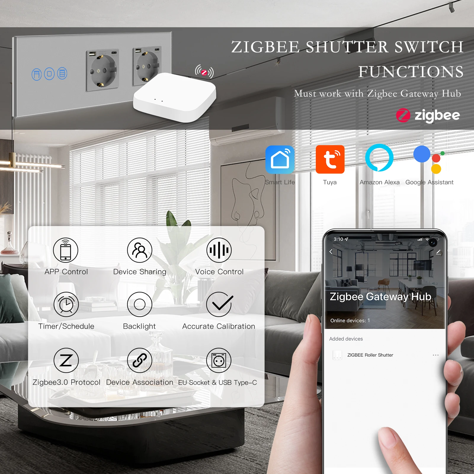 BSEED Zigbee Touch Rolloer Shutter Switch Smart Blinds Switch Tuya Smart Life App With Double EU Wall Socket Type-c USB Ports