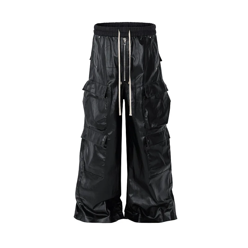 Rick RO style metal-coated brushed matte finish multi-pocket workwear straight-leg casual drawstring wide-leg floor-length pants