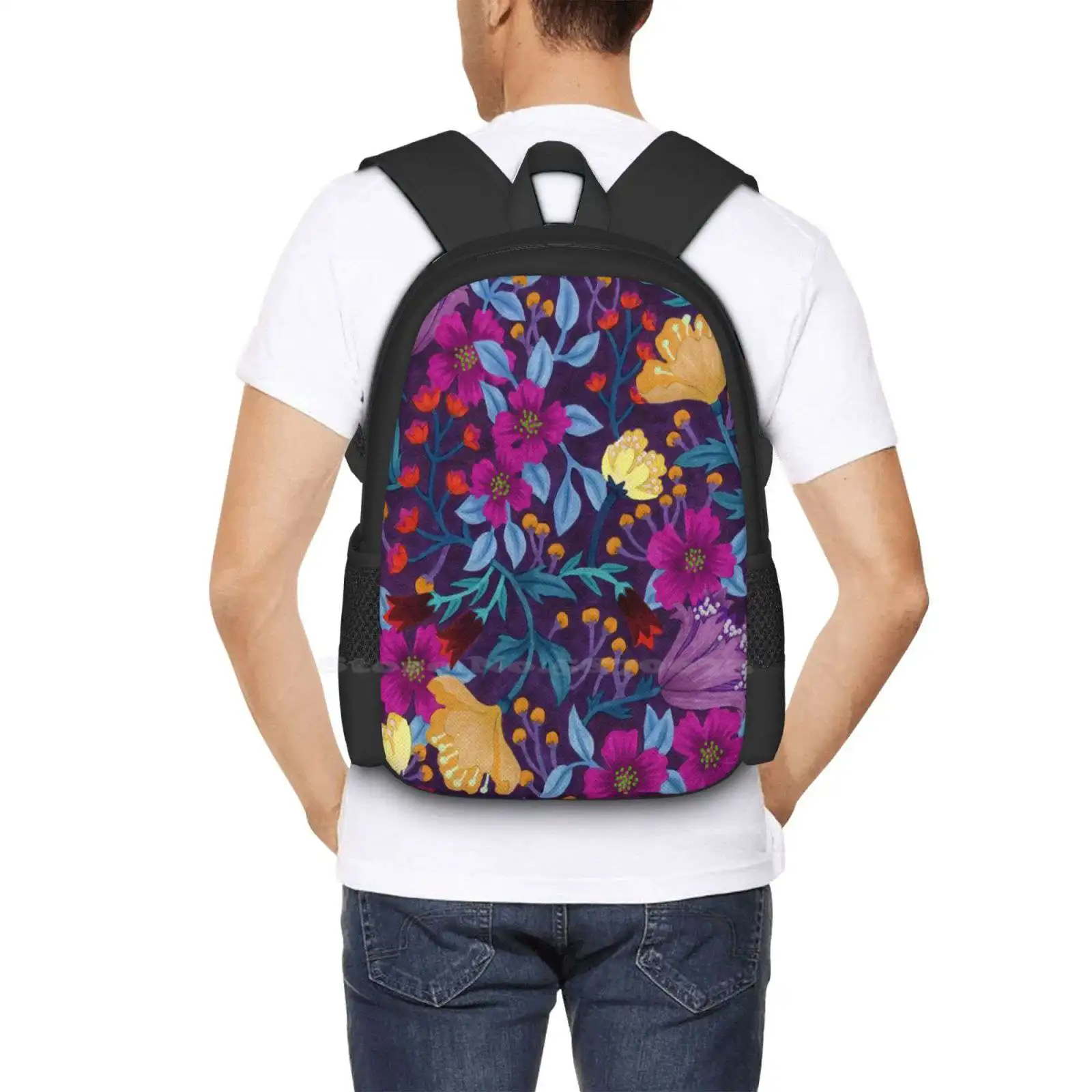 Floral School Bag Big Capacity Backpack Laptop Flowers Pattern Purple