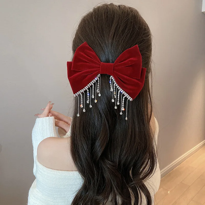 New Big Bow Bling Rhinestone Tassels Hair Clip Satin Hairpins Barrettes Ponytail Clip Elegant Shiny Double Bow Hairpin Heawear