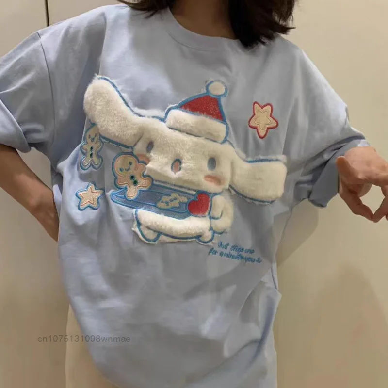 Sanrio Cinnamoroll Embroided Flocked Cute Cotton Tops Y2k Women's Sweet Girl Short sleeved T-shirt Loose Oversize Summer Clothes