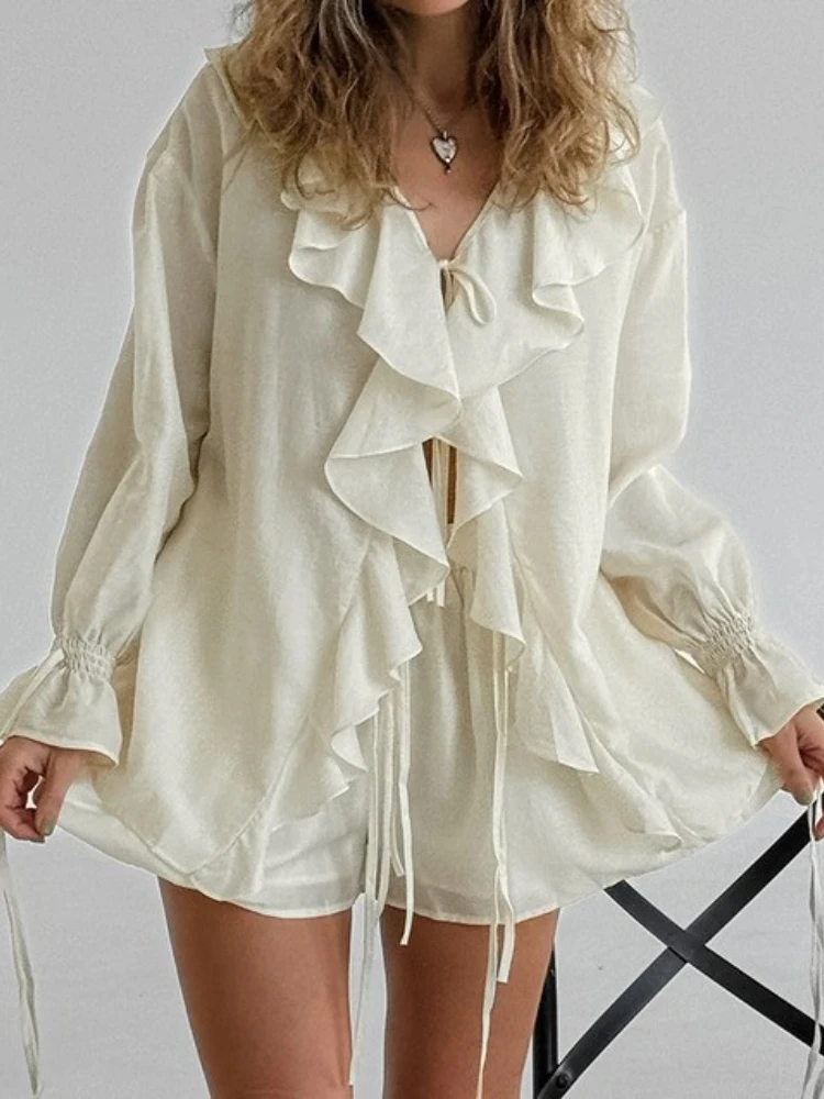 

New 2025 Summer Casual Ruffles Shorts Suits Women Loose See Through V Neck Hollow Out Sets Female Fashion Lace Up Sets Lady