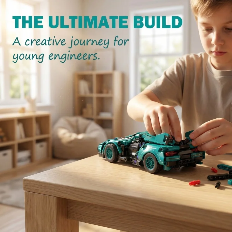 

Модель гоночного автомобиля из строительных блоков, статическая фигурка для демонстрации, коллекционный предмет и украшение для дома, идеальный подарок на праздники.