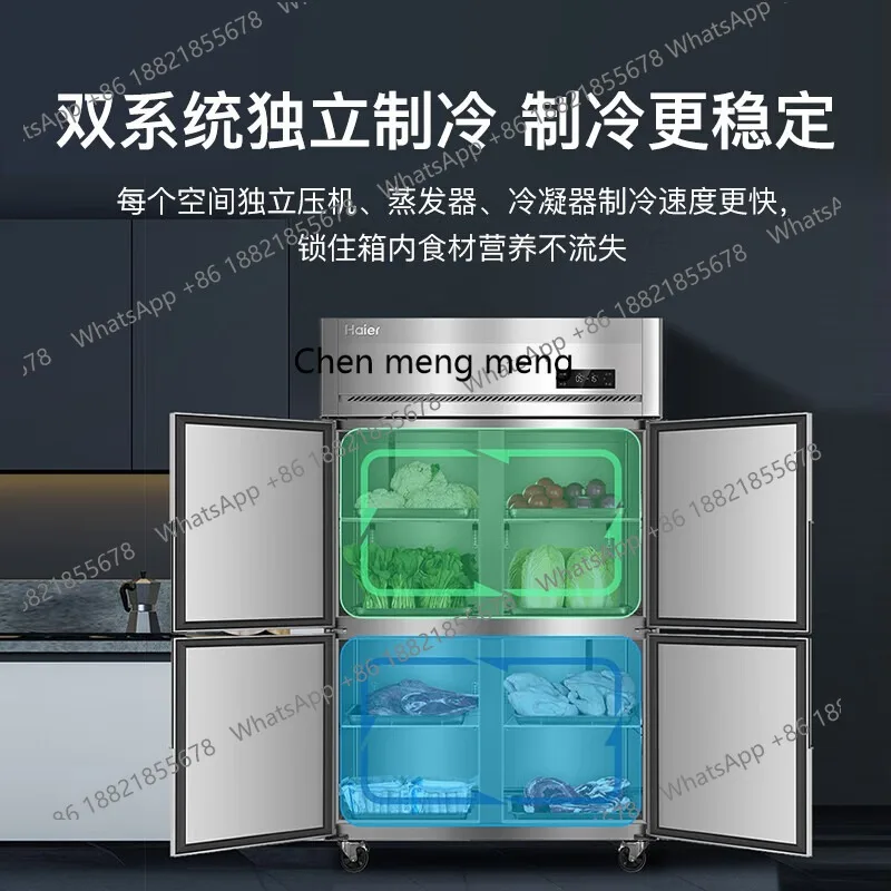 Lemari Pendingin Komersial Hotel, Kulkas Vertikal Empat Pintu, Pendingin Dua Suhu, Freezer Stainless Steel