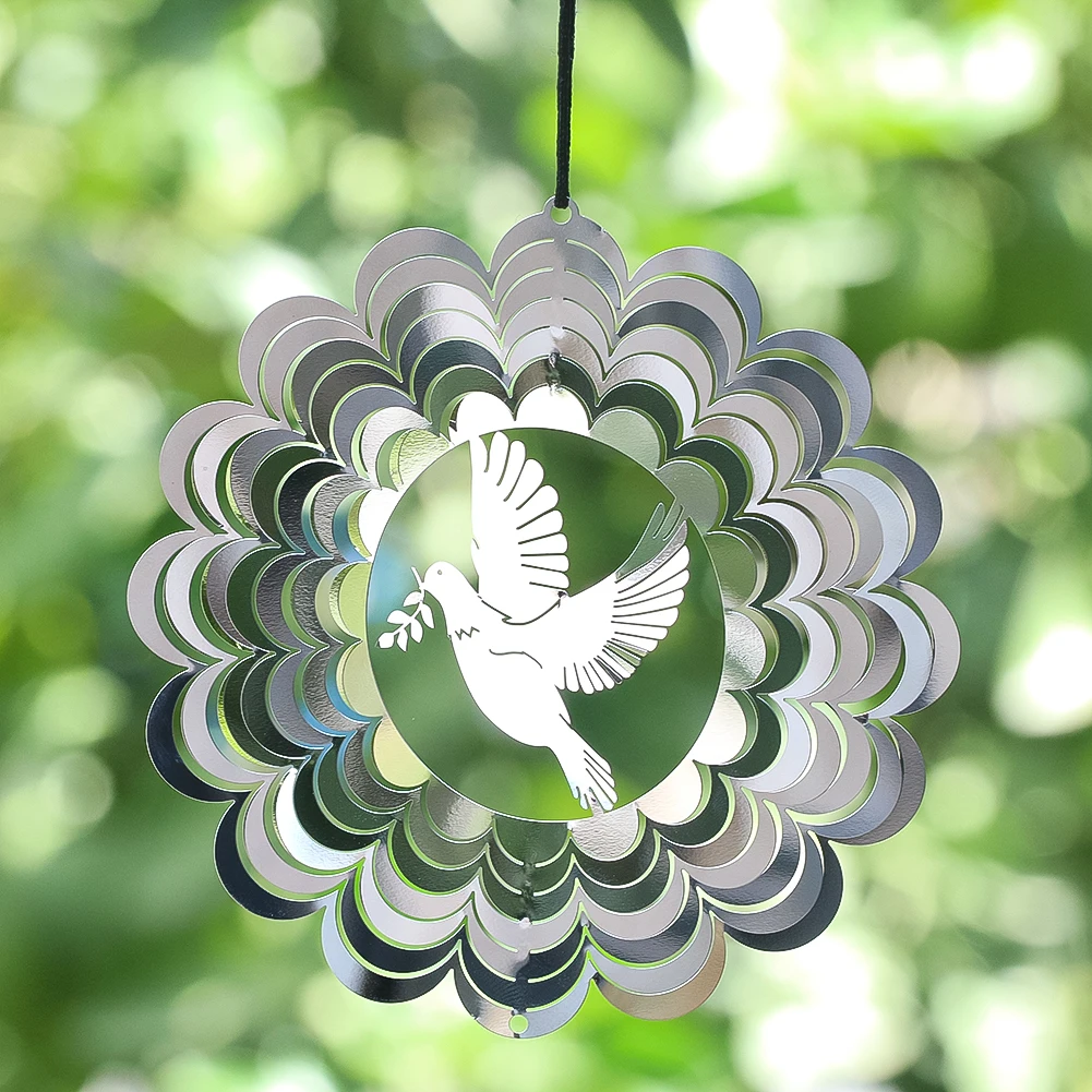 

10cm Stainless Steel Peace Dove Wind Spinner Hanging 3D Rotating Mirror Reflecting Wind Chime Patio Garden Decor Bird Repeller