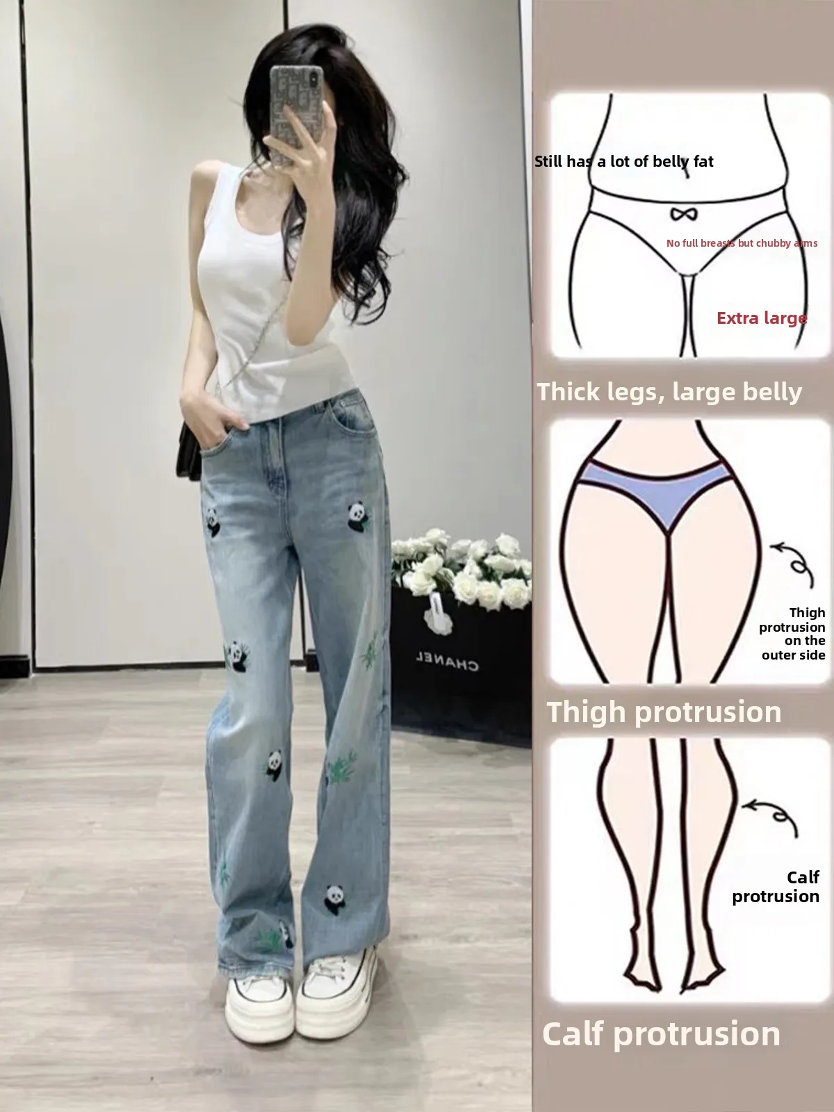 

High Waist Straight Leg Jeans Women's Versatile Small Size Summer Wide Leg Embroidered Long Pants Cotton Polyester Spandex Blend