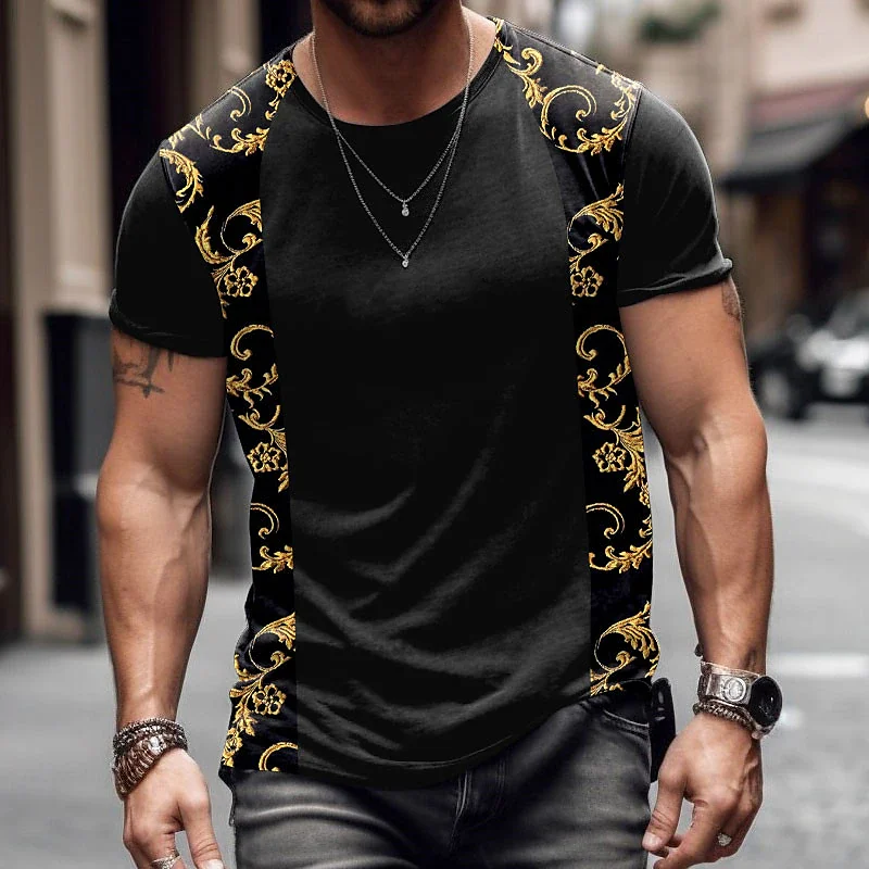 

New Men's T-shirt Ethnic Style 3D Stripe Printing Short Sleeve Tops Holiday Vintage Round Neck Tees Outdoor Casual Man Clothing