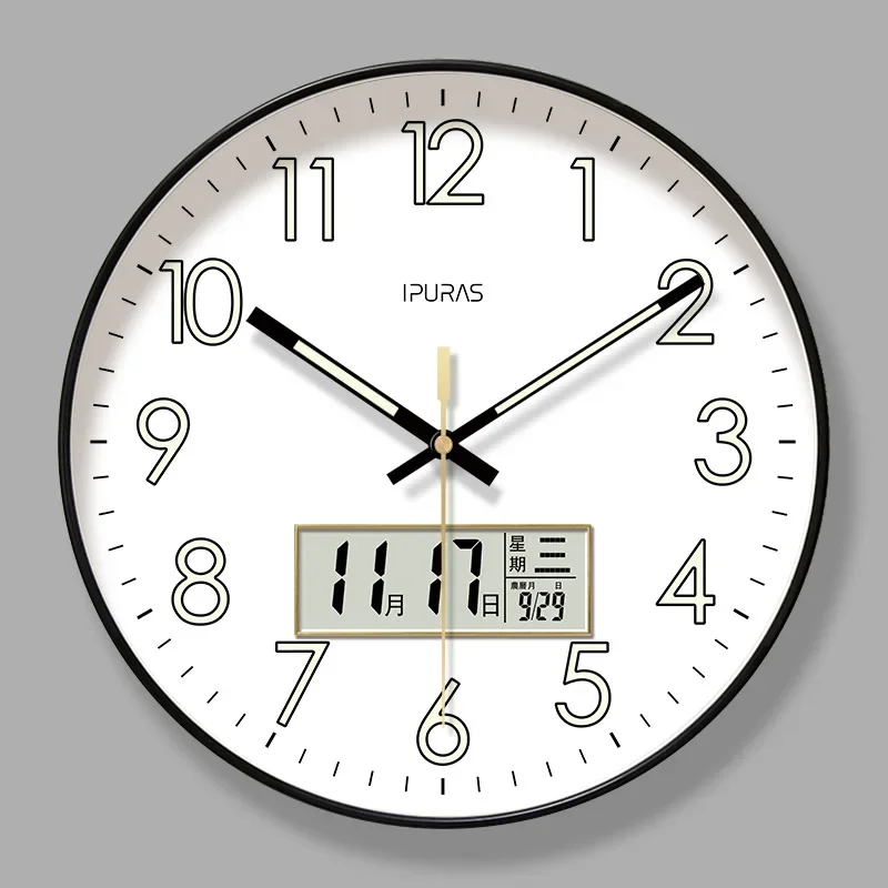 Analog with LCD Display Wall Clock Non-Ticking Silent Wall Clock Perpetual Calendar Temperature Modern Luminous for Home Decor