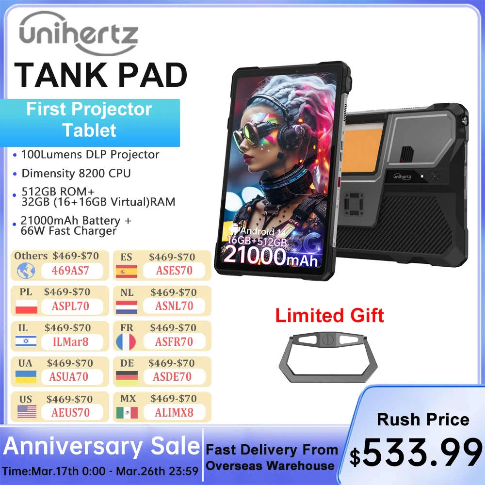 Unihertz Tank PAD Phone with Projector 8849 Rugged Tablet Dimensity 8200 Android 32GB 512GB 21000mAh 10.95