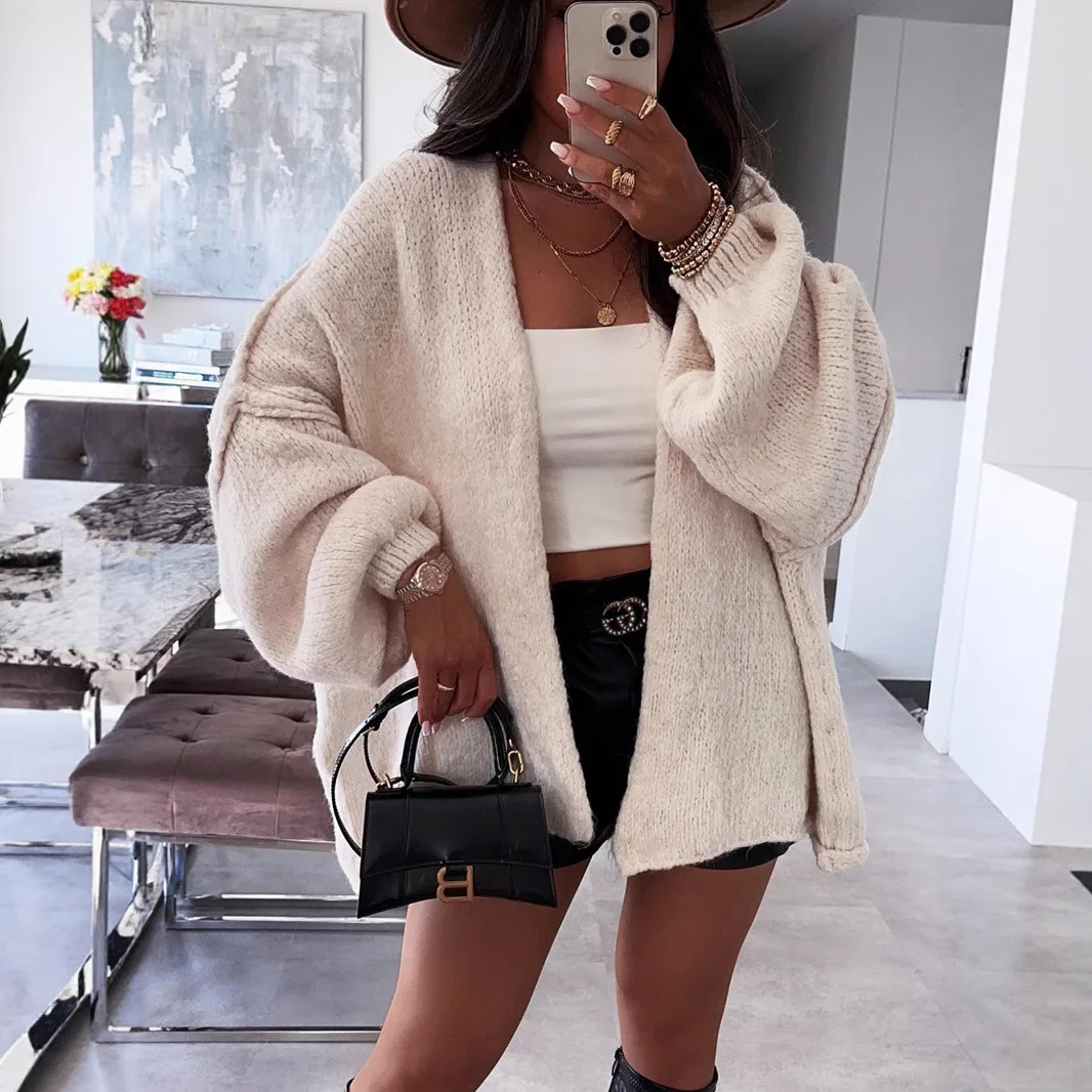 

2025 New Fashion Knitted Bat Sleeve Cardigan Women Autumn Casual Loose Solid Color Home V-neck Jacket For Women