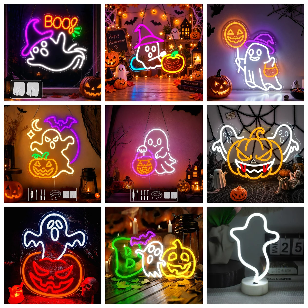 BOO Geister-Hexenhut Halloween-Neonschild USB-dimmbare blinkende LED-Lichter für Halloween-Party, Heimfenster, Wanddekoration, Innendekoration, Geschenk