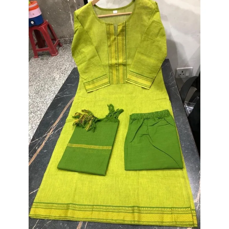 Ropa de boda y fiesta totalmente cosida verde, Pantalón recto Kurti, Dupatta