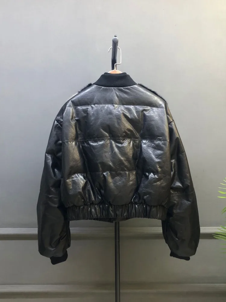 Moda inverno donna pelle bovina vera pelle impiombata vera pelliccia di visone giacca vintage o collo monopetto allentato piumino d'oca