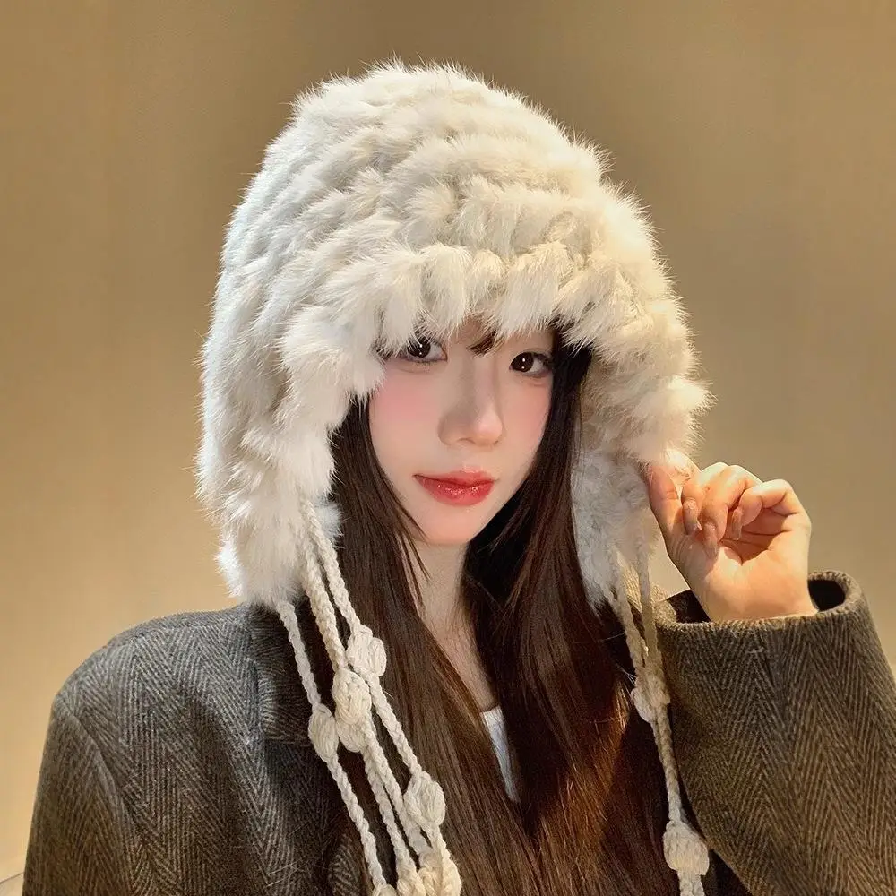 Плюшевая шапка-балаклава из искусственного кроличьего меха, вязаная шапка, теплая шапка с кисточками на шнурке, уличная ветрозащитная шапка-ушанка, зимняя холодная шапка