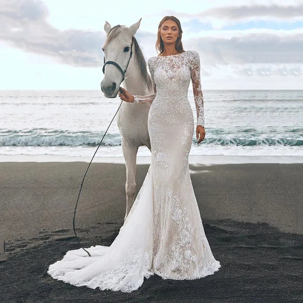 Robe De Mariée sirène en dentelle ivoire, Vintage, manches longues, Sexy, dos nu, grande taille, 2022