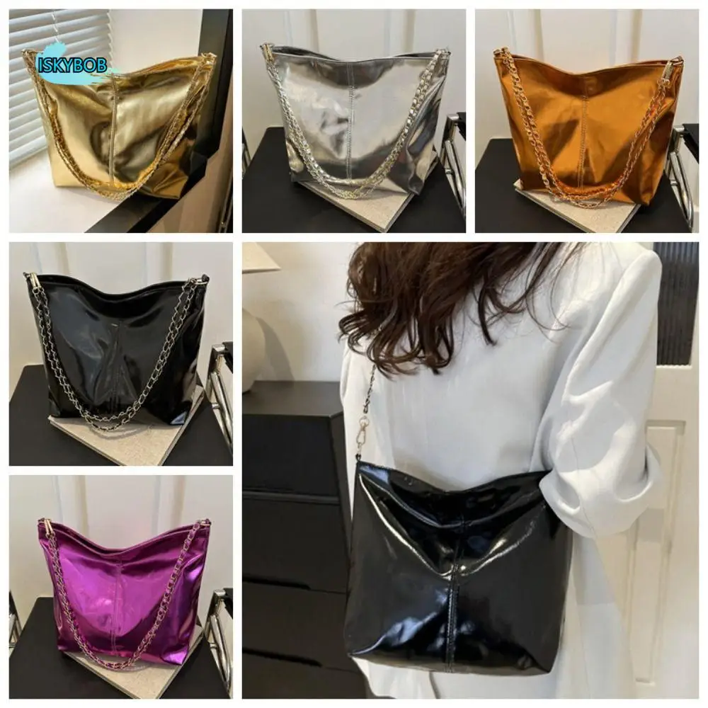 

Retro Shiny PU Leather Tote Bag Solid Color Purse Chain Shoulder Bag Large Capacity Shopping Bag Women Handbag Girls