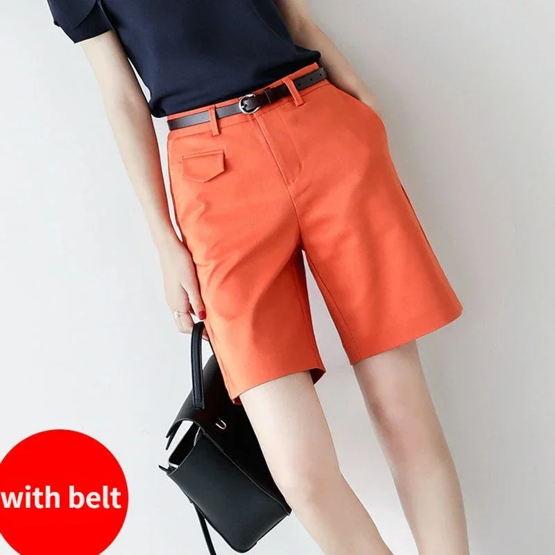 Bermuda Shorts for Women Knee Length Elegant Solid Color Orange Straight Shorts with Belt Loose Casual Women's Summer Shorts 