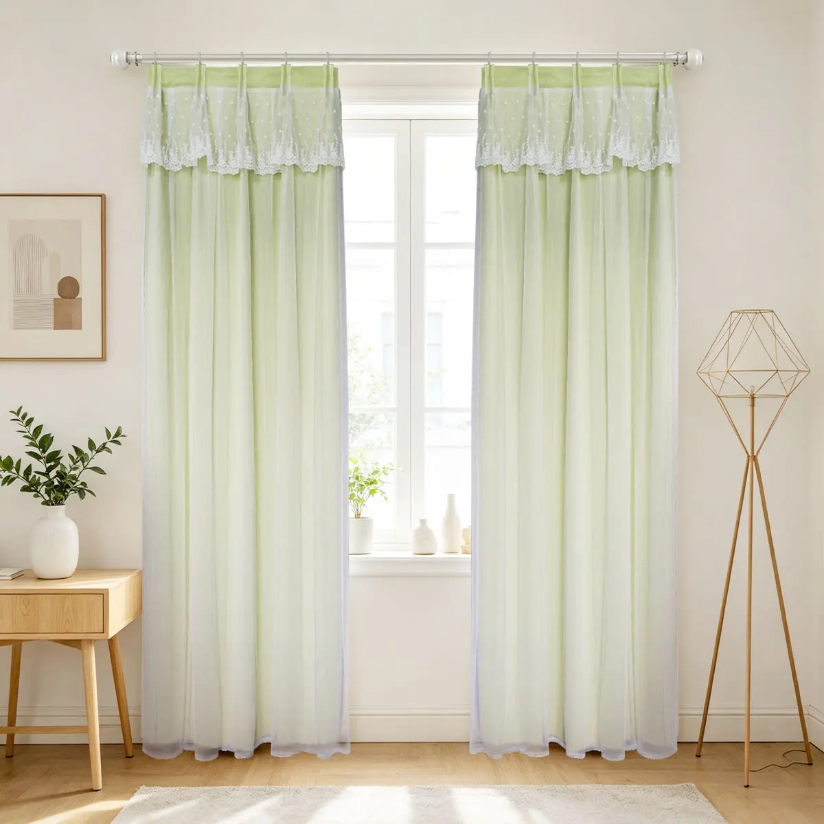 Light Green Double Layer Lace Valance Curtain Star Embroidery Light Filtering Drapes 4 Prong Hook Bedroom Home Curtain 2pcs