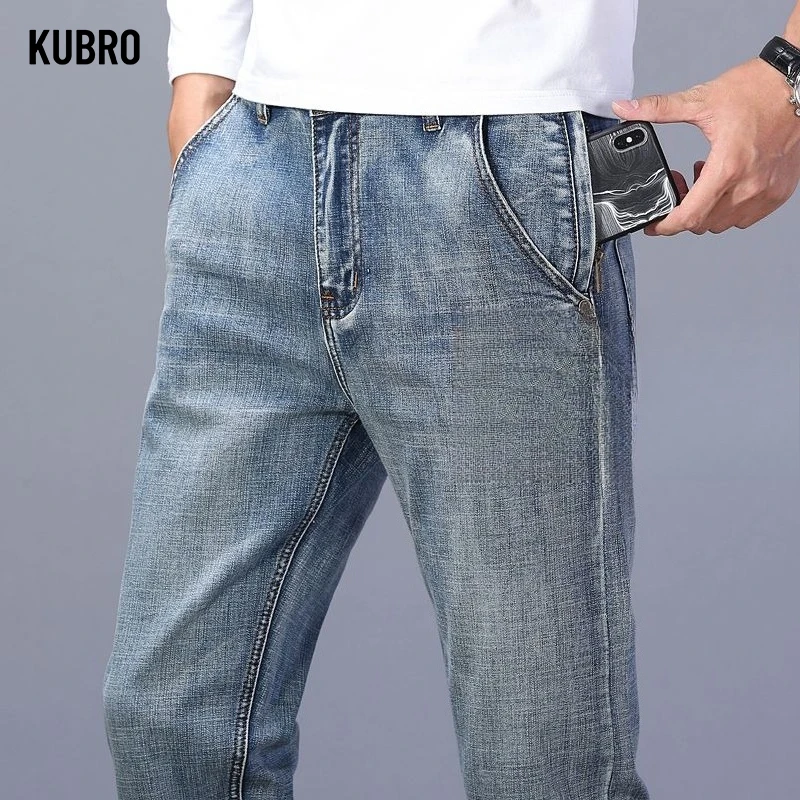 Celana Jeans Pria Vintage Straight-Leg Gaya Eropa Slim Fit Kasual Celana Denim Pria Berkualitas Tinggi Celana Denim Pria Empat Musim