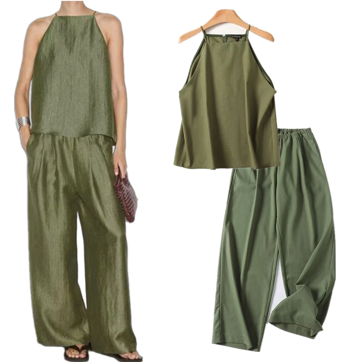 เจนนี่&เดฟ 2026 เสื้อผ้าลินินสีเขียวสไตล์มินิมอลแบบฝรั่งเศส ชุดสูทลำลอง เสื้อแขนกุดคอ halter กางเกงขายาวทรงหลวม ชุดสองชิ้น