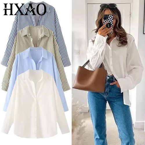 HXAO mujer 2025 camisas y blusas de gran tamaño Primavera Verano 2025 mujer elegante botón hasta blusas de manga larga moda Tops de talla grande