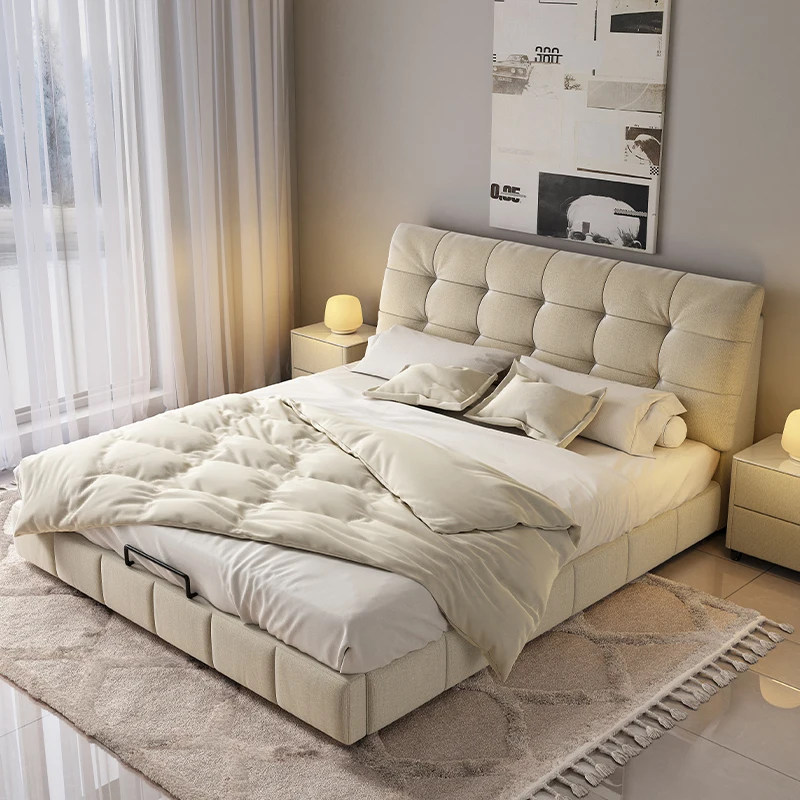Cream Wind  Fabric Bed Detachable Double Bed Nordic Floor Bed Master Bedroom Milk Tea Color Edge Style cama furniture home