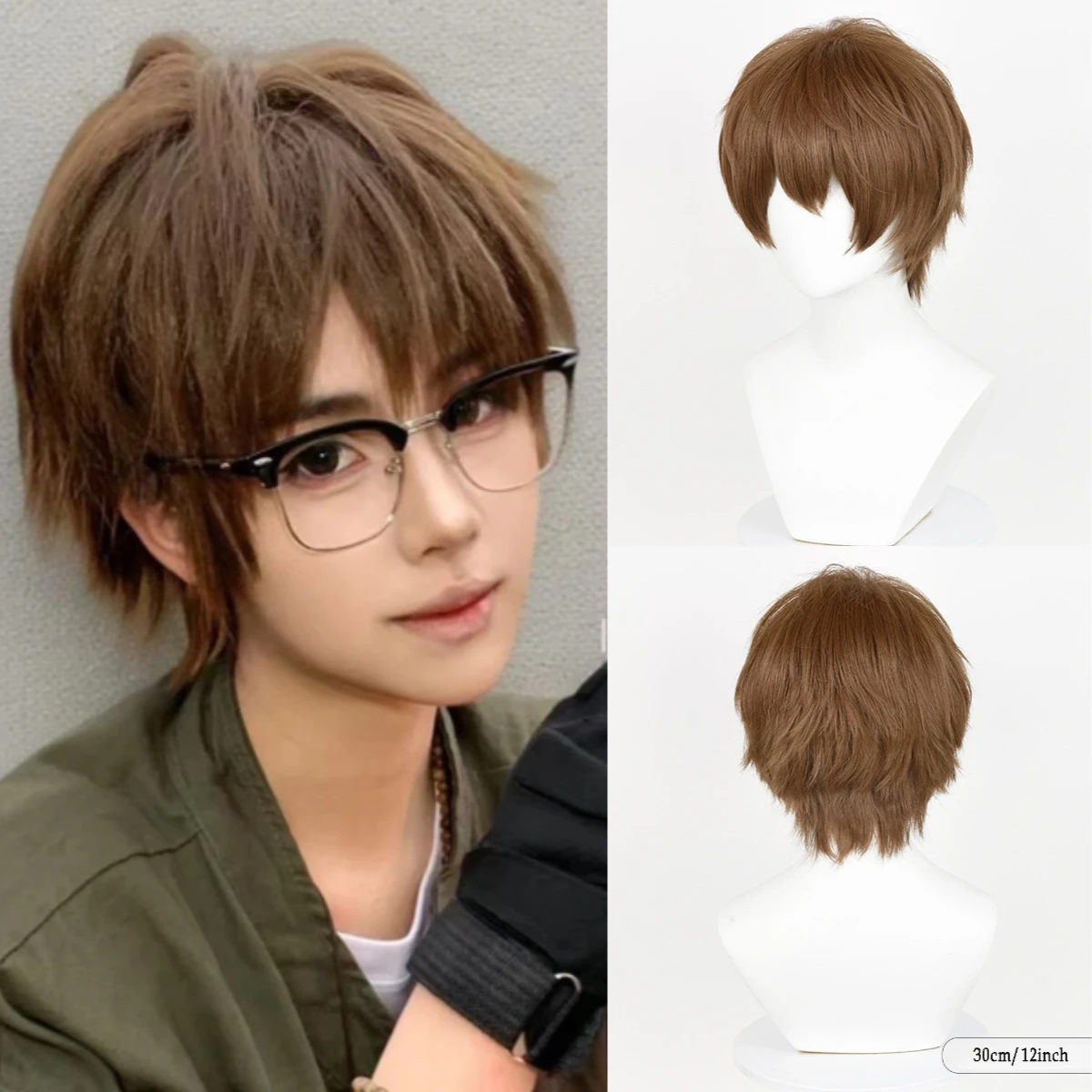 Men Anime Game Cosplay Brown Fluffy Layered Wig With Bangs Synthetic Short Straight Heat Resistant Wig For Daily Party