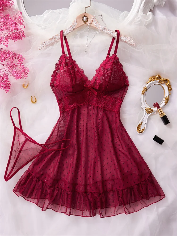 Women's Wine Red Polka Dot Nightgown Sexy V Neck Ruffles Mesh Sleepwear 2 Pieces Babydoll Lingerie Translucent Slip Dress