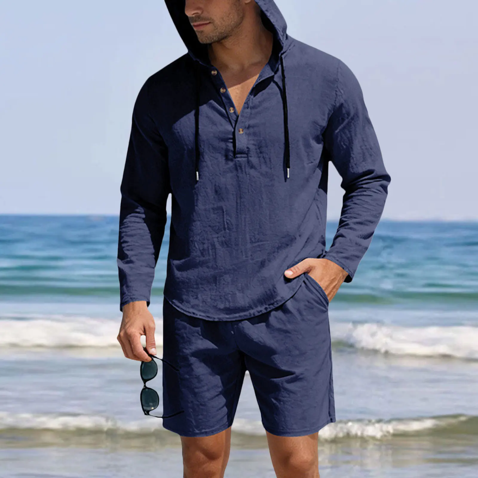 

Men'S Lightweight Linen Casual Set Summer Loose Breathable With Hooded Long Sleeves Shorts Outfits 2026 Summer New Clothing