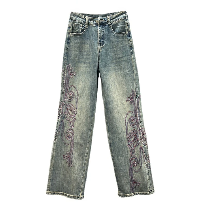 

Vintage Embroidered Jeans Women's Wide-Leg Trousers 2024 New Spring High Waist Loose and Slimming Distressed Mop Pants Jeans