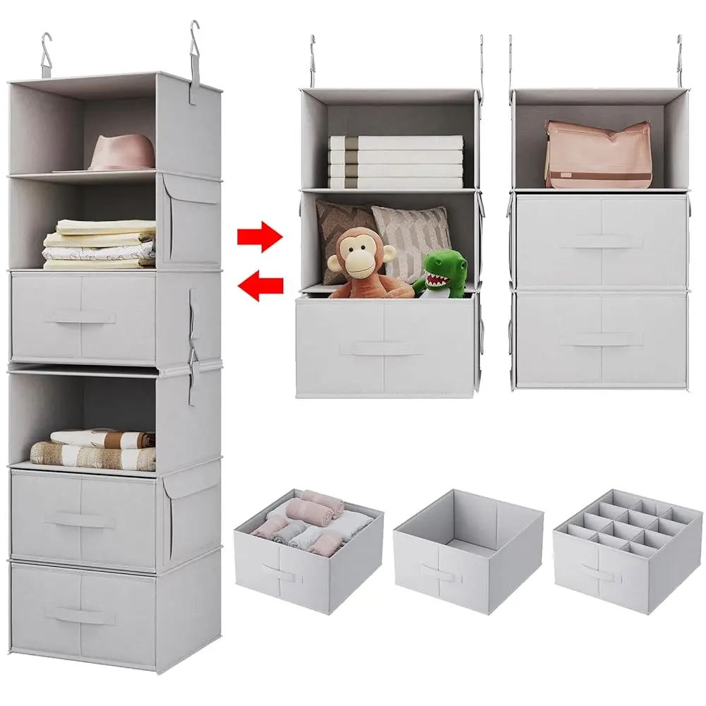 

6-Shelf Hanging Closet Organizer, 2 Separable 3-Shelf Hanging Shelves With 3 Drawers For Wardrobe, Nursery, Baby Clothes