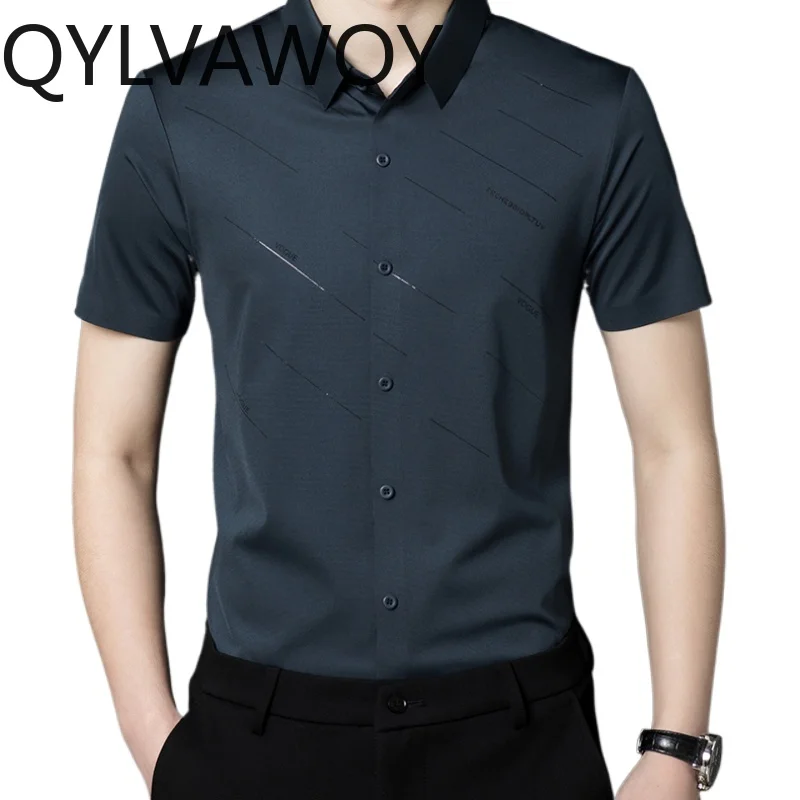 QYLVAWOY 100% Mulberry Silk Shirt for Men 2024 Loose Fit Short Sleeve Tops Business Casual Mens Shirts Summer Clothes Print