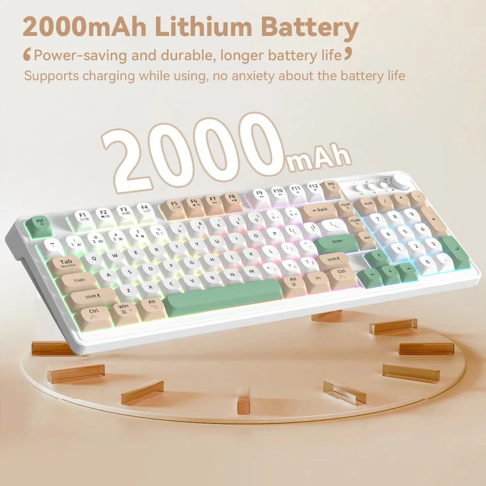 لوحة مفاتيح لاسلكية مع مقبض ومفاتيح الوسائط، 98 مفتاحًا، 3 أوضاع، BT، 2.4G، USB-C، قابلة لإعادة الشحن، غشاء RGB، Win، Mac، Office #4