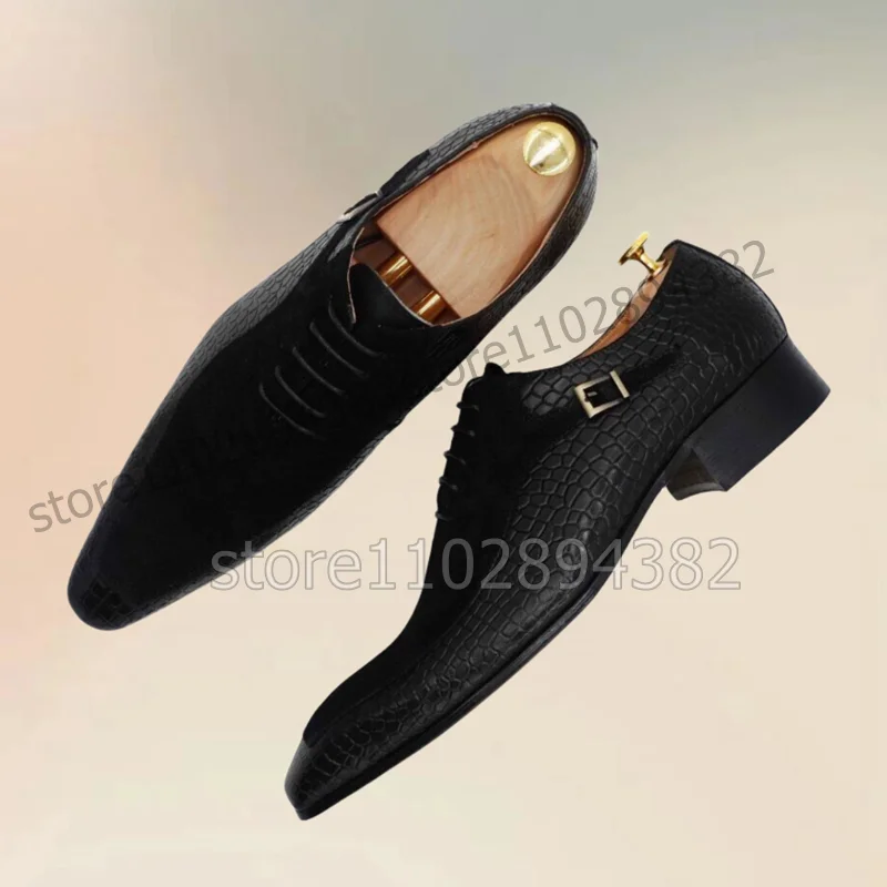 Brown Black Alligator Print Patchwork Buckle Decor Men Shoes Fashion Slip On Male Shoes Luxurious Handmade Party Men Dress Shoes