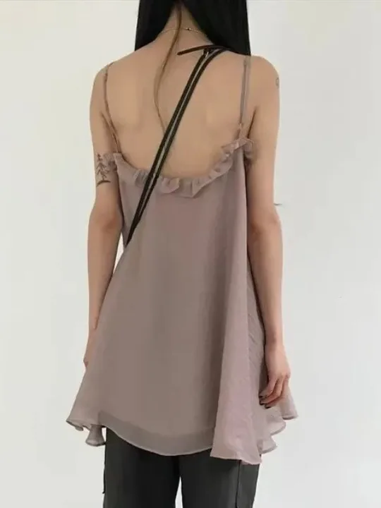 달콤한 한국 스타일 여름 신상 여성 오프숄더 민소매 러플 디테일 섹시 탑