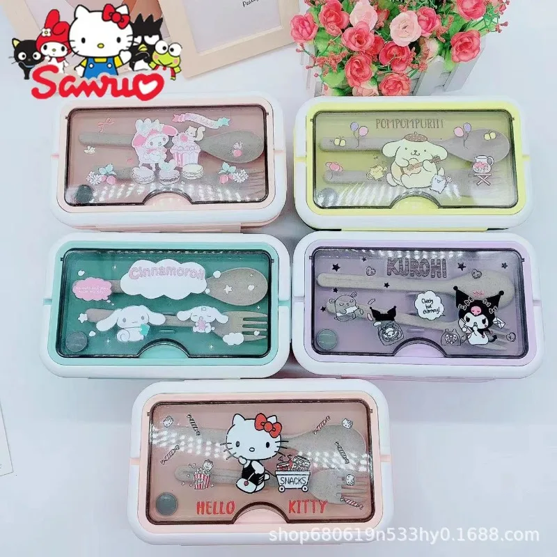 

MINISO Melody Kuromi Hello Kitty Cinnamoroll Pochacco Cartoon School Lunch Box Microwave Cutlery Bento Box Plastic Fast Food Box