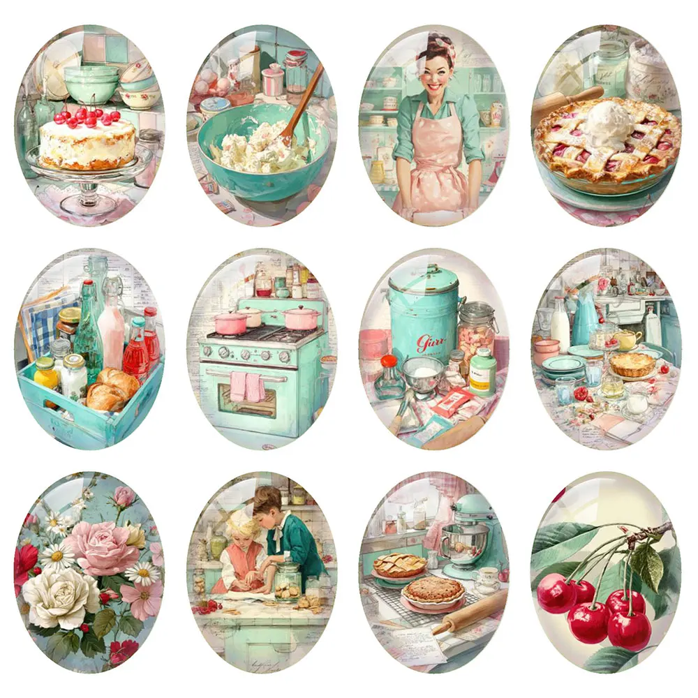 Random Mixed Round/Oval/Square Retro Baking Kitchen Blue Photo Glass Cabochon Flatback Demo Cameo For Diy Jewelry Making