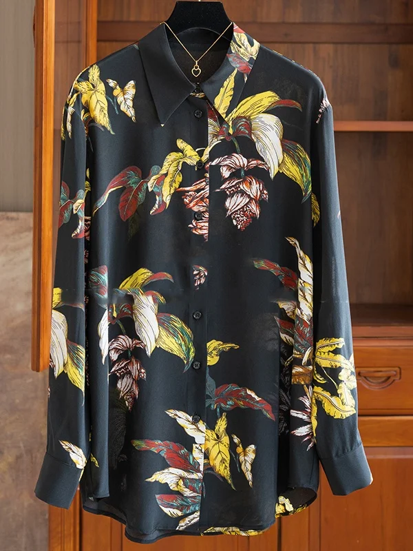 

Slimming Effect Vintage Floral Print Women's Blouse Chiffon Material Commute Sle Button Detail Korean Sle Loose Fit irt