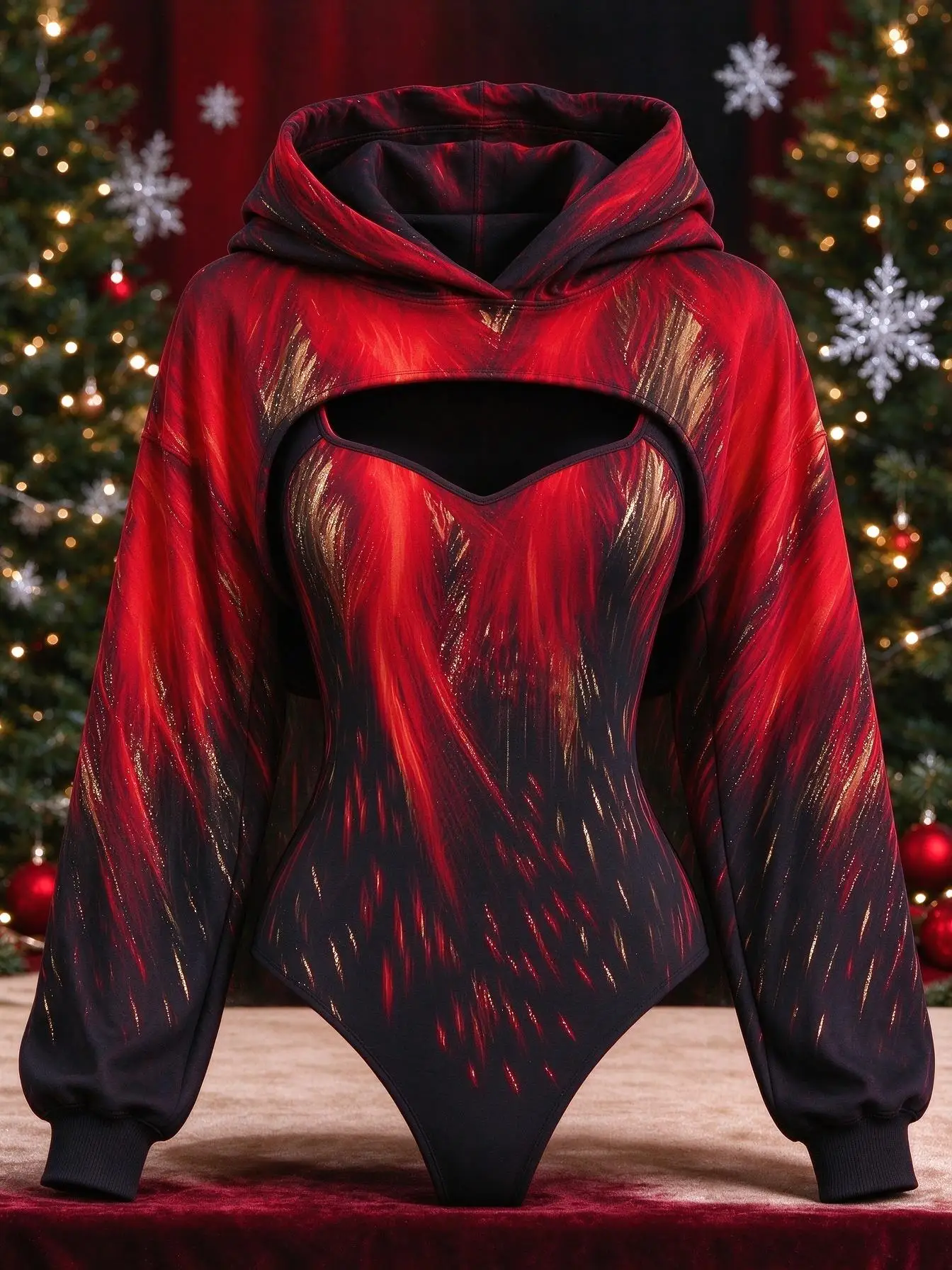 Women Gradient Red Black Abstract Print 2 Piece Outfit Hooded Shrug Bodysuit Long Sleeve