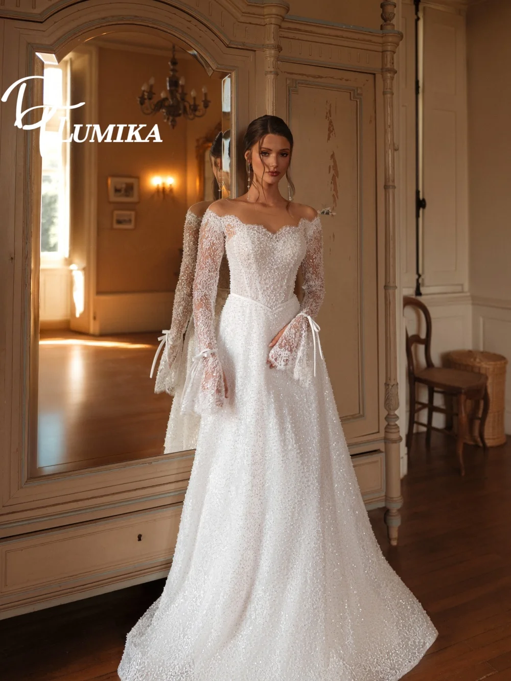 Graceful Off-Shoulder Ribbon-Cuff Wedding Dress 2026 Romantic Sparkling Bridal Gown Fashion A-Line Floor-Length Bridal Dress Rob