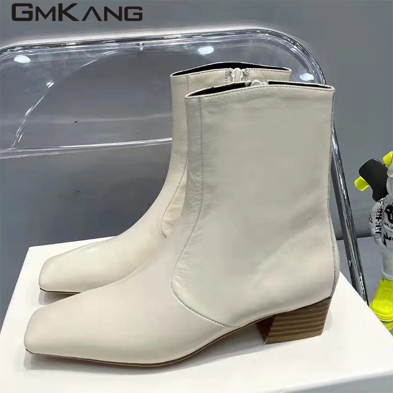 Classic Square Toe Ankle Boots For Women Genuine Leather Modern Boots Lady Low Heel Runway Shoes Women Autumn Short Boots Woman