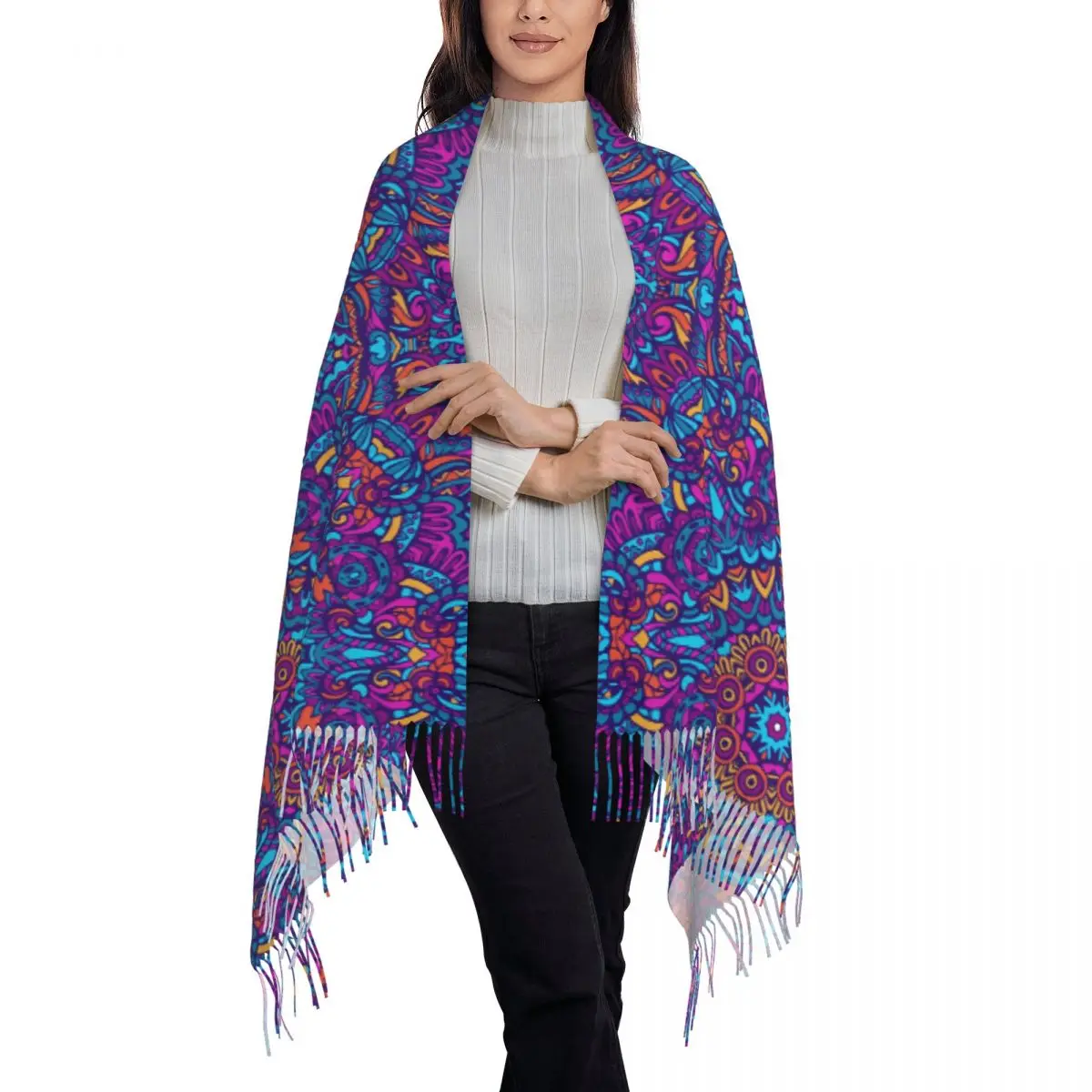 Lenço de mandala étnica unissex, Lenços com estampa vintage com borla longa, Envoltórios de xale populares, Foulard gráfico quente, outono