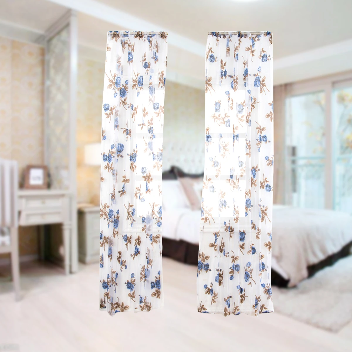 

Floral Voile Sheer Window Window Tulle Tulle Blue Rose Home Decor Bathroom Bedroom Living Room Privacy Light Flow