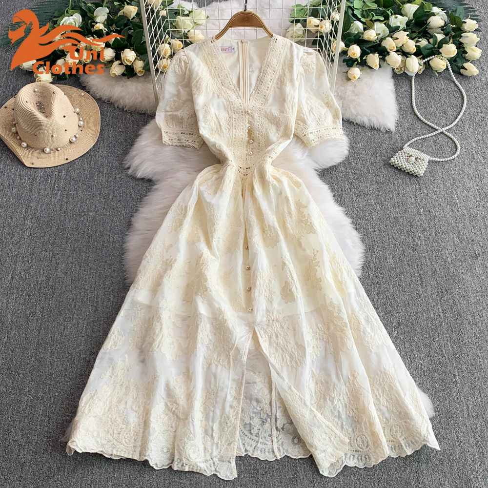 

UNI Summer Autumn Holiday Hollow Out Flower Embroidery Lace Evening Prom Dress Women Short Sleeve Midi Long Party Vestidos