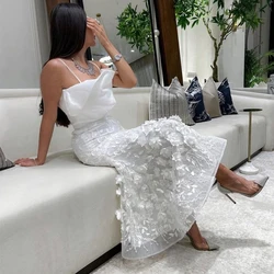 Yipeisha White Exquisite Simple Formal Gown Flower embellish A-line Prom Gown Spaghetti Sleeveless Evening Wedding Guest Dresses