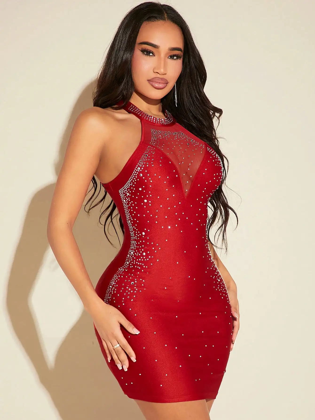 

Red Bodycon Sleeveless Dress with Rhinestone Embellishment and Sheer Mesh Panel