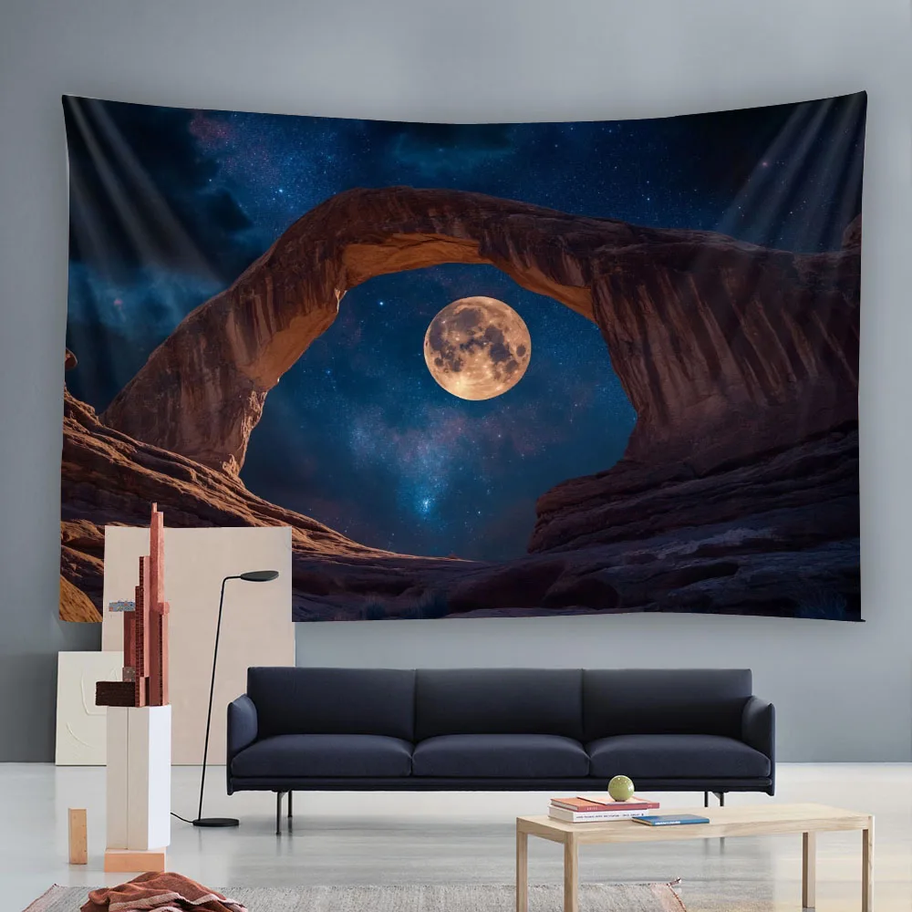Gorgeous Starry Sky, Giant Stone, Moon Tapestry - Dreamy Universe Fabric Hanging Painting, Home, Office, and Party Decoration
