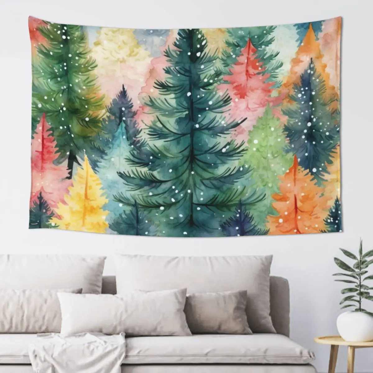 

Colorful Snowy Christmas Spirit, Colorful Forest Tapestry Decor For Bedroom Room Decoration Korean Style Tapestry